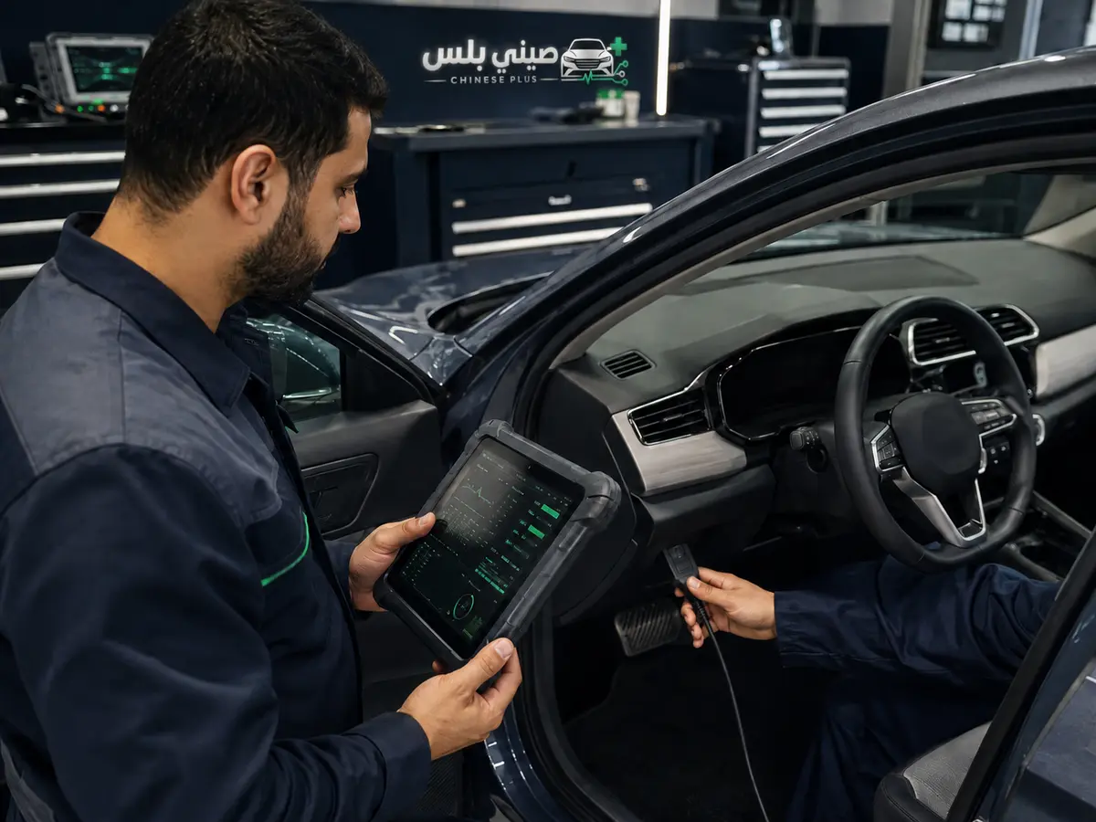 فني صيني بلس يجري فحص كمبيوتر لسيارة صينية داخل الورشة